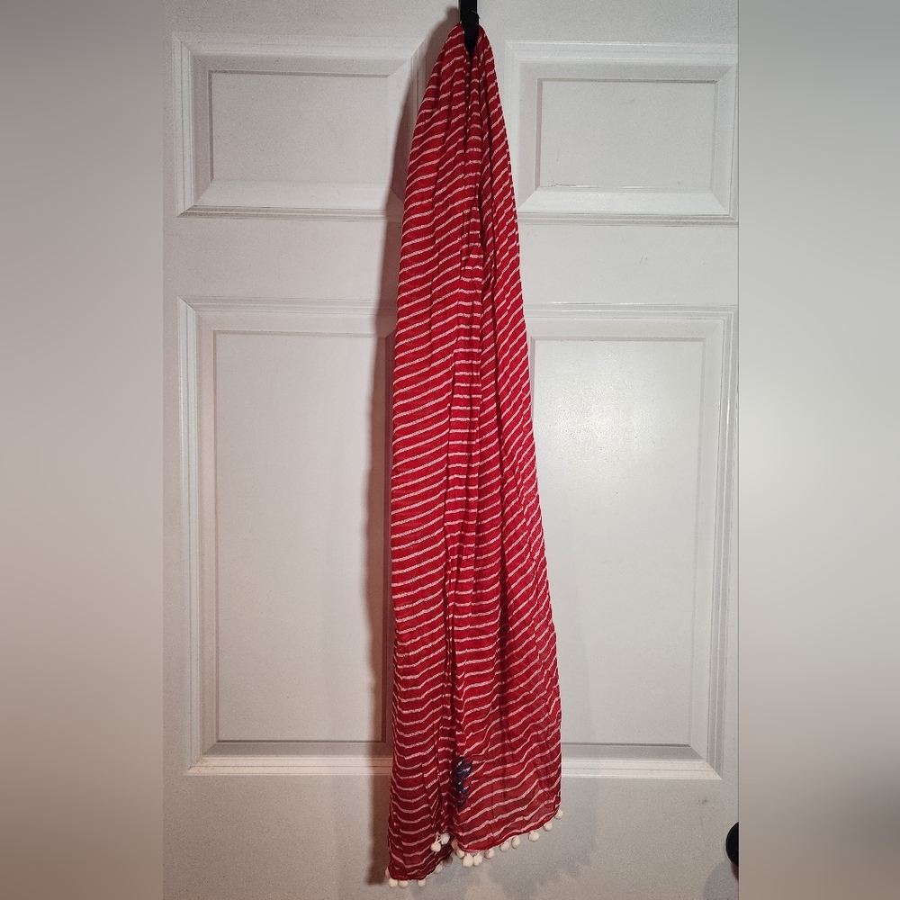 Red White Striped Lightweight Nautical Scarf Pompom Trim